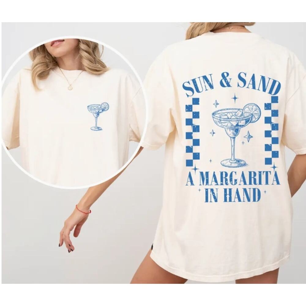 Sun & Sand A Margarita in Hand Graphic T-Shirt Oversized Cream Tee, Size XL